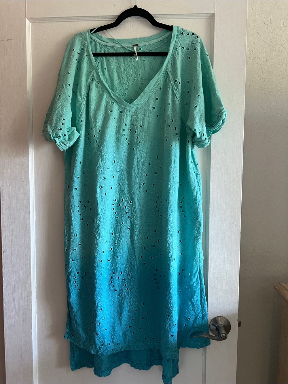 Free People Ombre Teal Eyelet V-Neck Maxi Dress